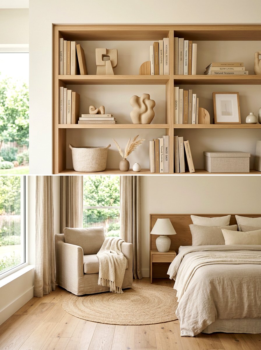 Neutral Tone Shelf - 30 aesthetic bookshelf styling apartment ideas