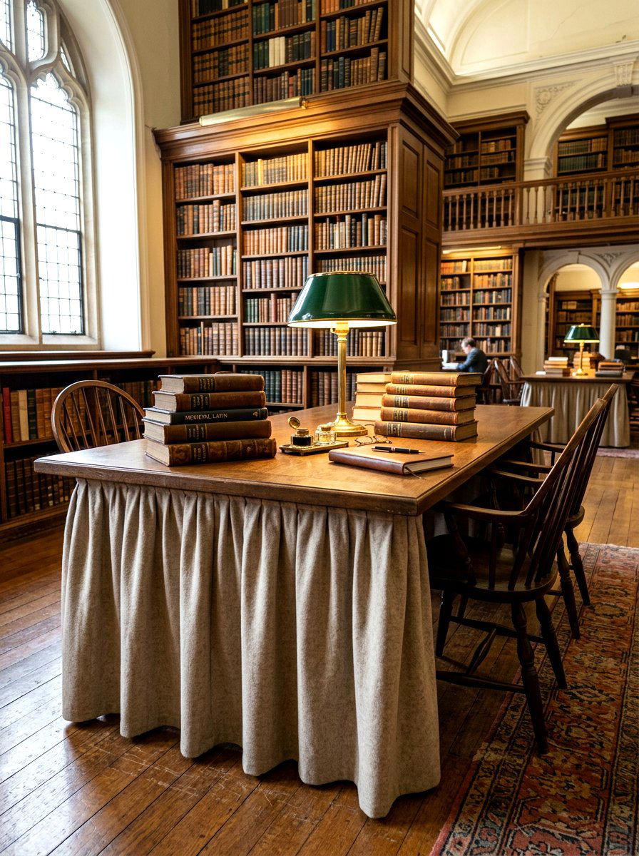 Neutral Toned Library Table - 30 skirted table ideas