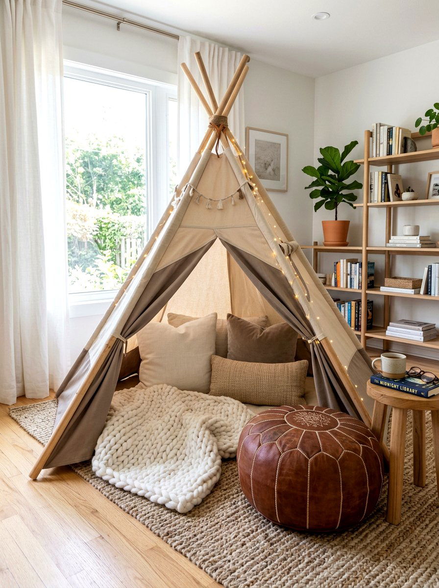 Neutral Toned Reading Teepee - 30 kids tent reading nook ideas