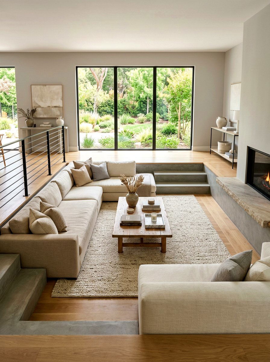 Neutral Toned Recessed Seating - 30 step down living room ideas