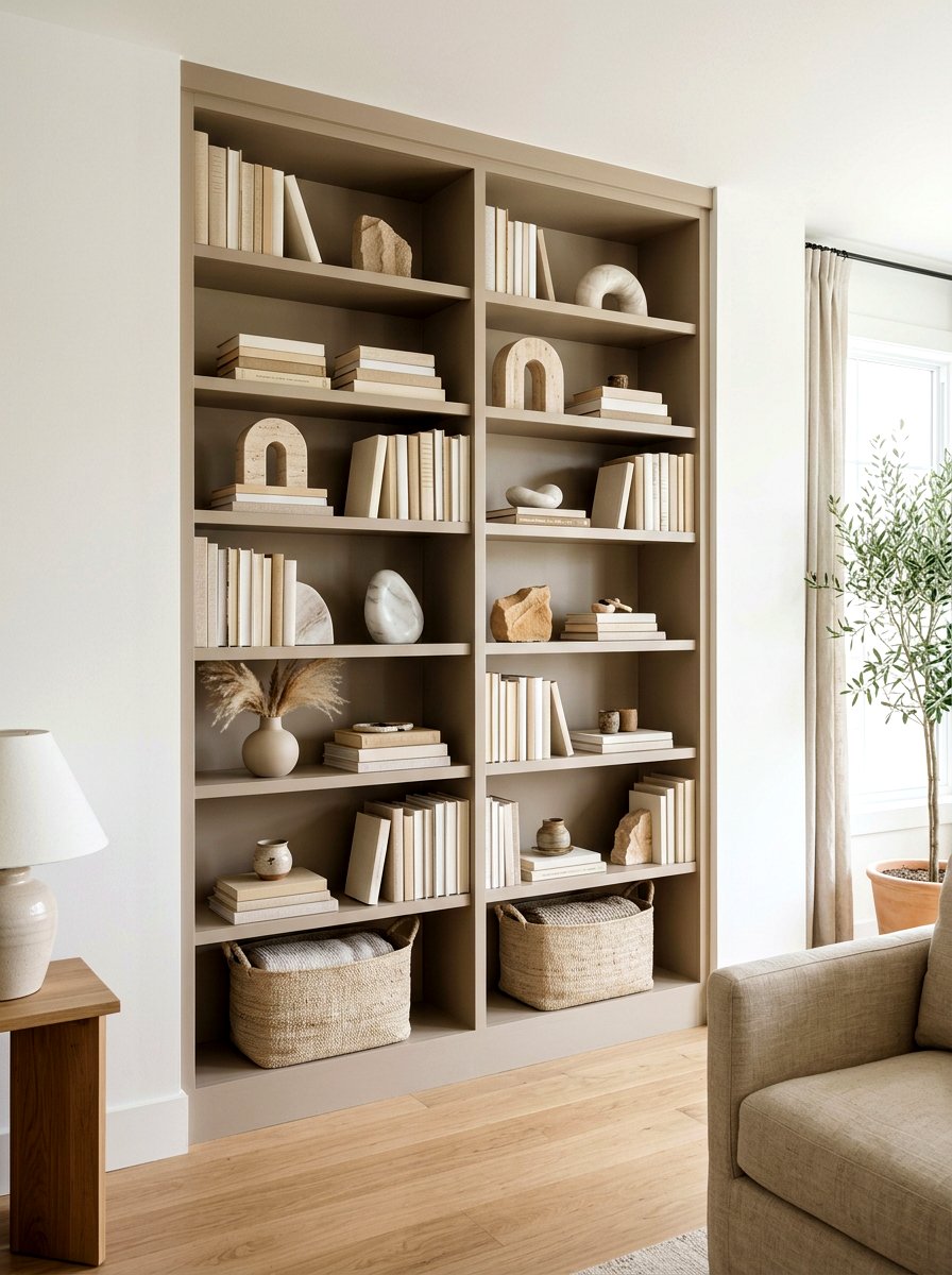 Neutral Tones Shelf - 30 real bookshelf decor ideas