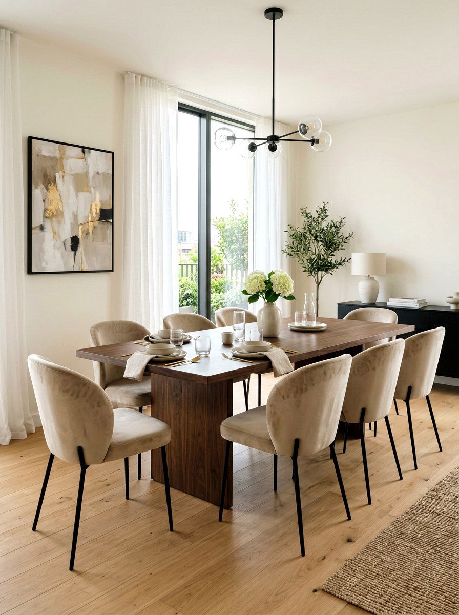 Neutral Velvet Dining Chairs - 30 quiet luxury dining room ideas