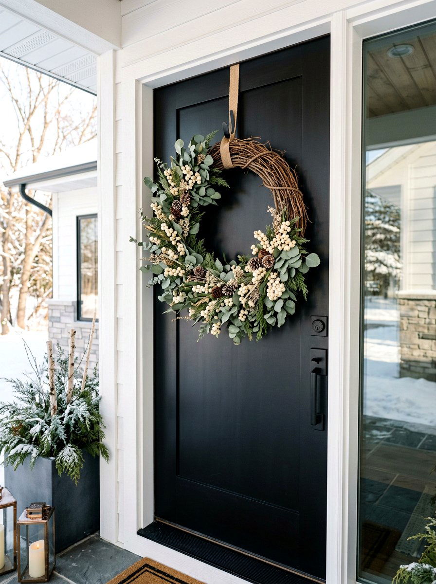 Neutral Winter Wreath - 30 winter front porch ideas
