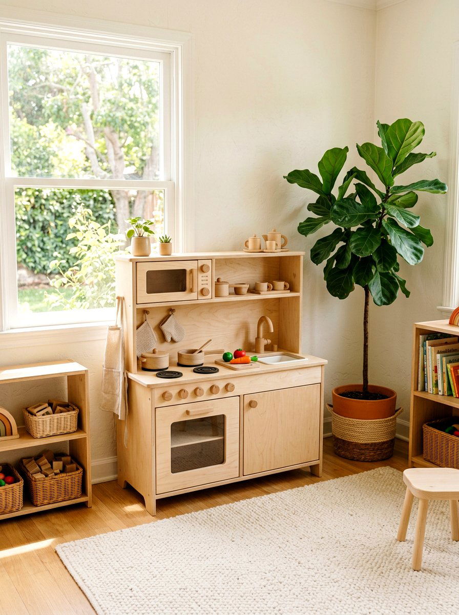 Neutral Wood Play Kitchen - 30 play kitchen corner ideas