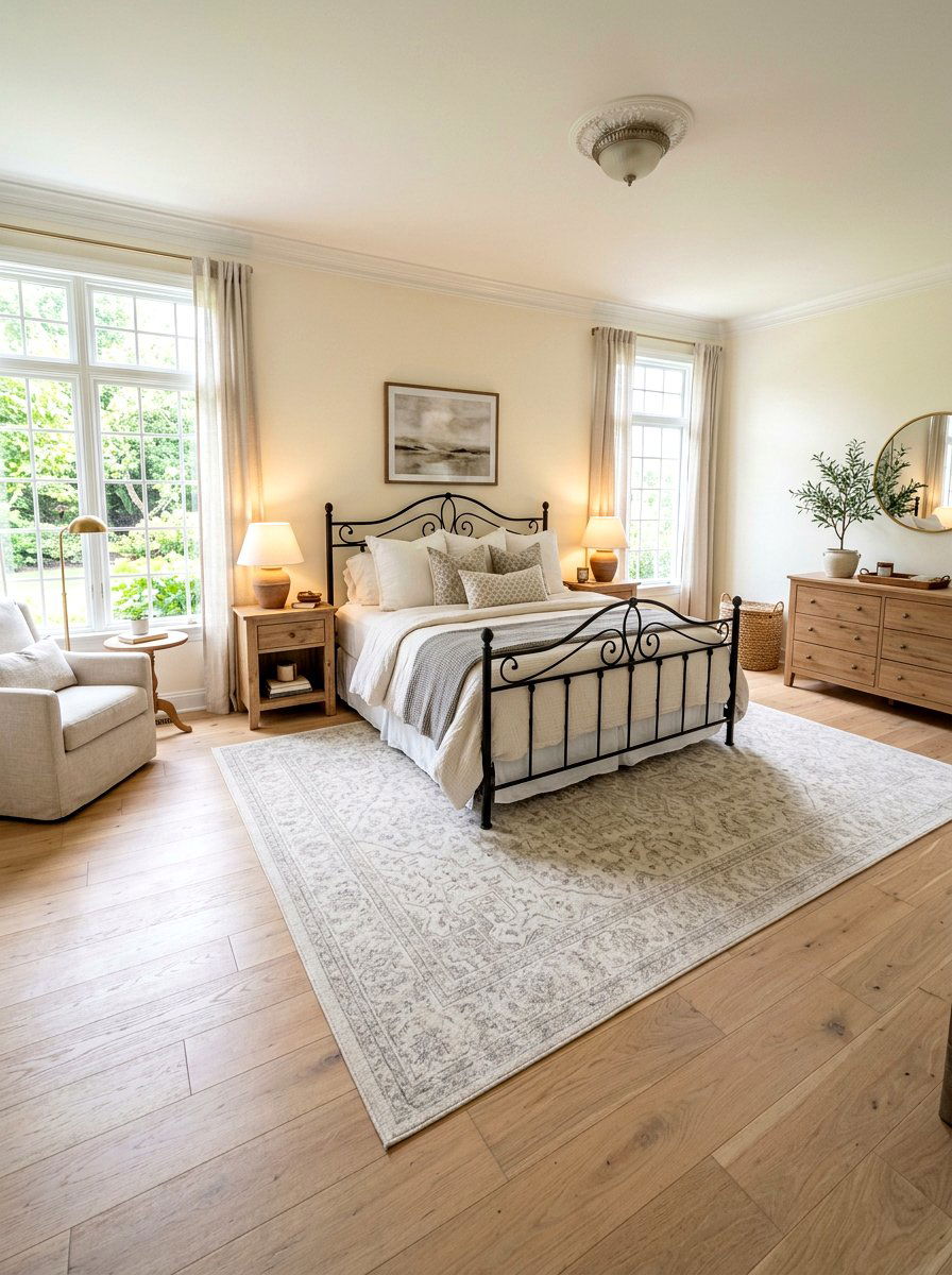 Neutral area rug - 30 light academia bedroom ideas