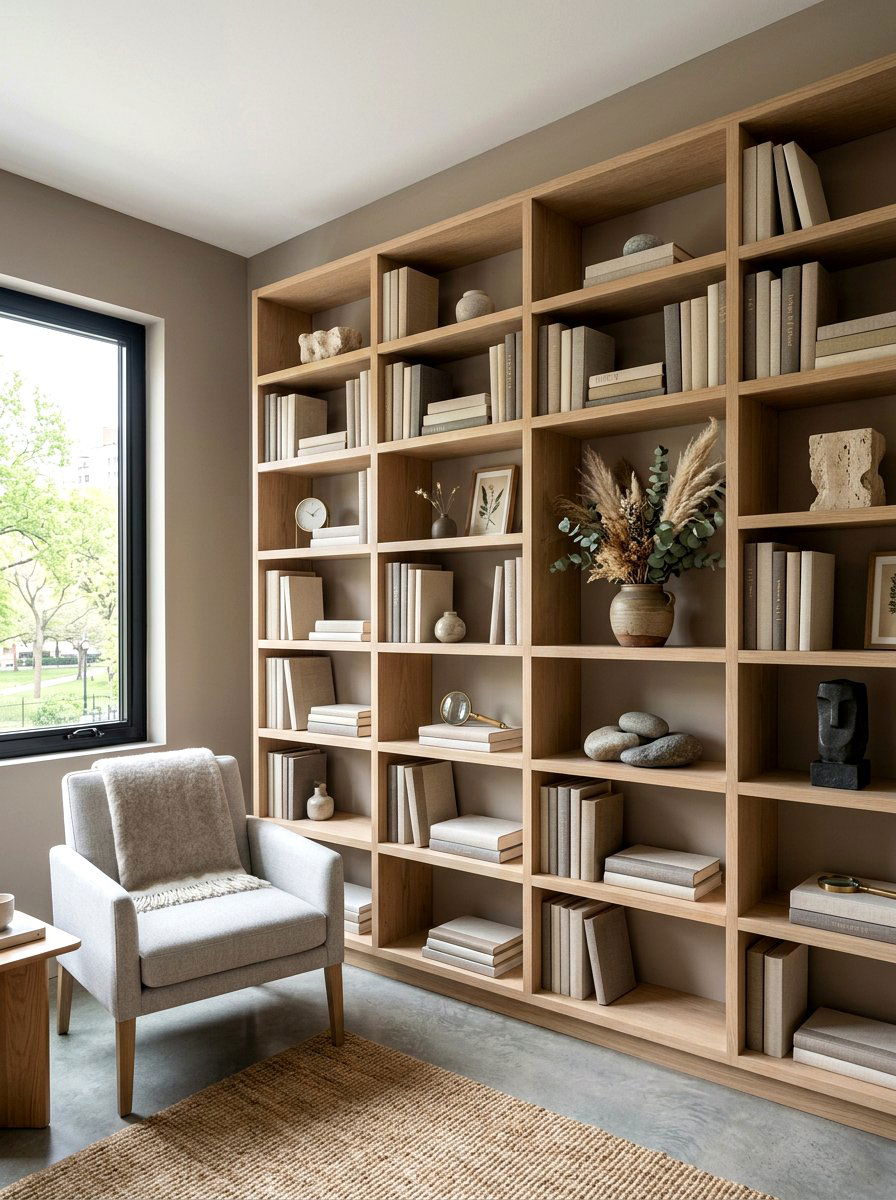 Neutral beige office shelving - 30 office bookshelf styling ideas