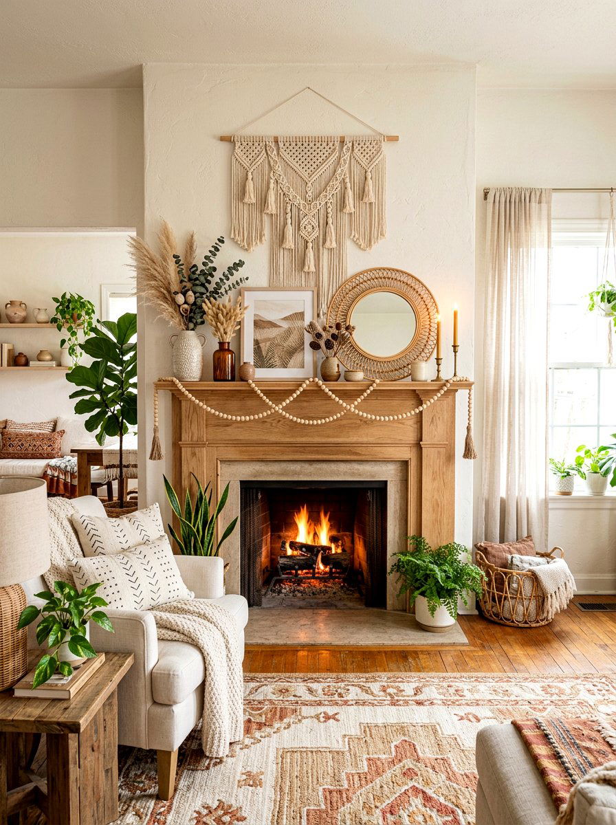 Neutral boho decor - 30 mantel shelfie ideas