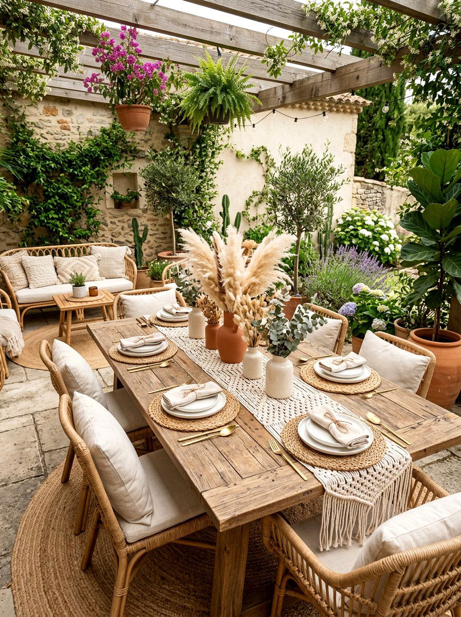 Neutral boho patio setting - 30 summer patio tablescape ideas