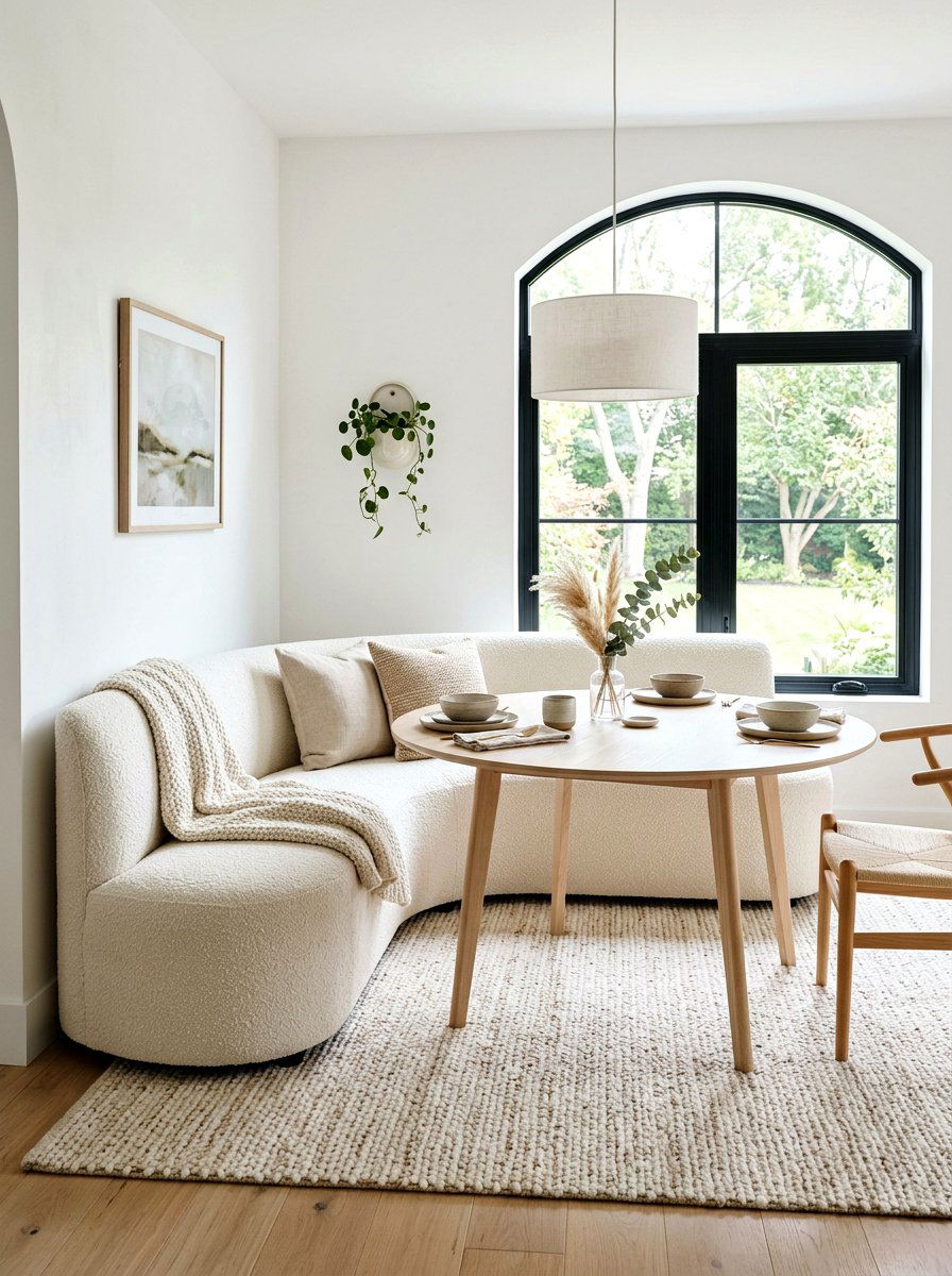 Neutral boucle curved bench - 30 curved banquette ideas