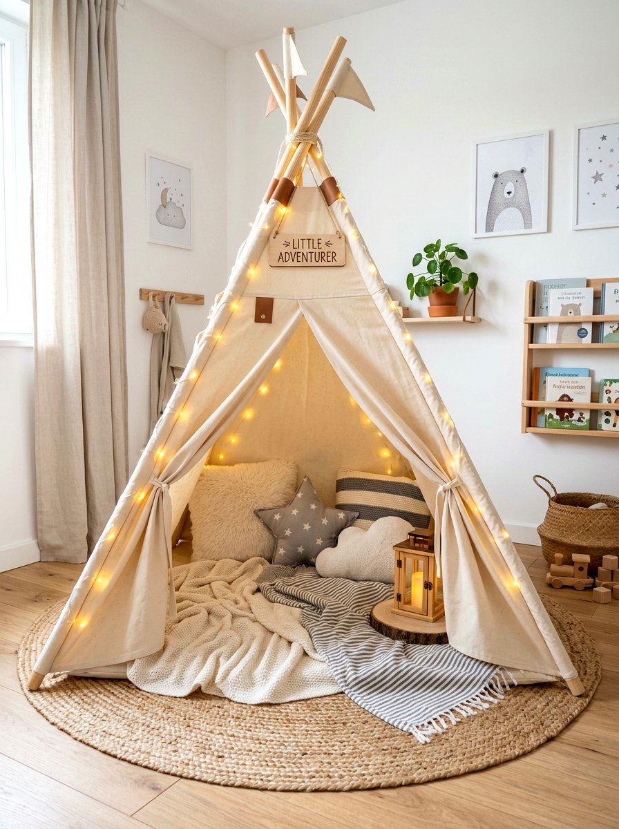 Neutral canvas play tent - 30 Montessori playroom aesthetic ideas