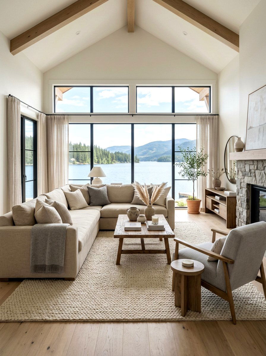 Neutral color lake house - 30 lake house living room ideas
