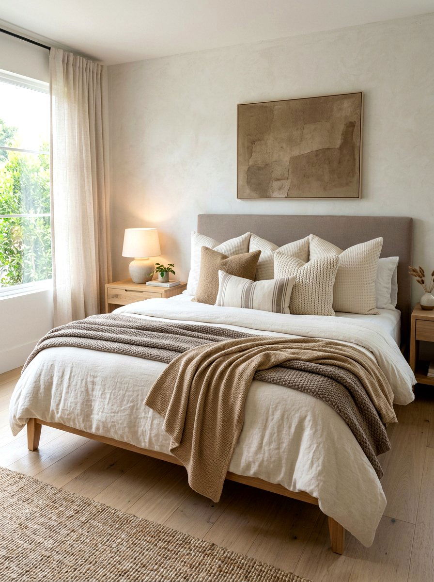 Neutral layered bedding - 30 luxury bedscape ideas