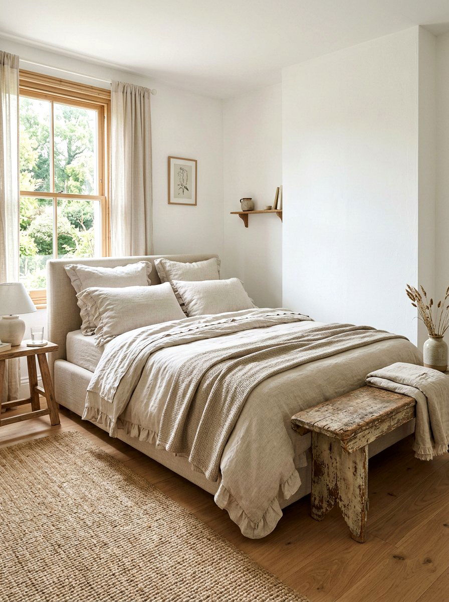 Neutral linen bedding - 30 farmhouse bedroom ideas