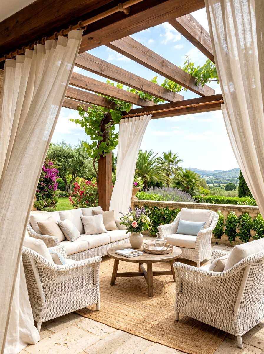 Neutral linen curtain patio - 30 neutral backyard styling ideas