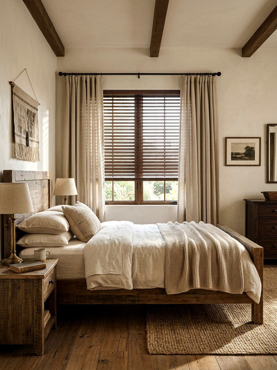 Neutral linen curtains with wood blinds - 30 bedroom curtain layering ideas