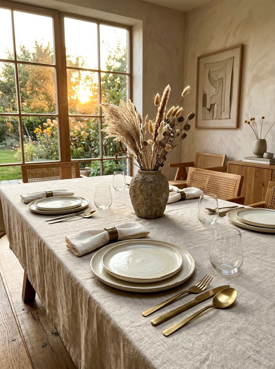 Neutral linen dining arrangement - 30 sunset dinner table ideas