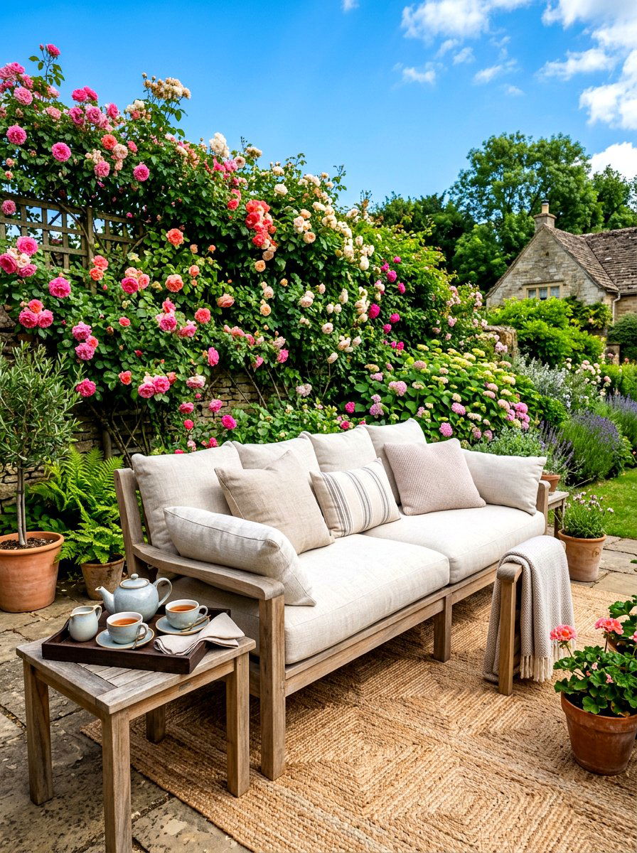 Neutral linen porch cushions - 30 Nancy Meyers front porch ideas