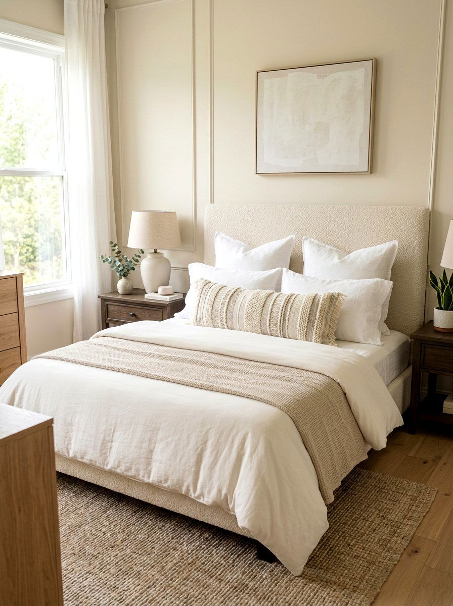 Neutral lumbar pillow - 30 pillowy bed styling ideas