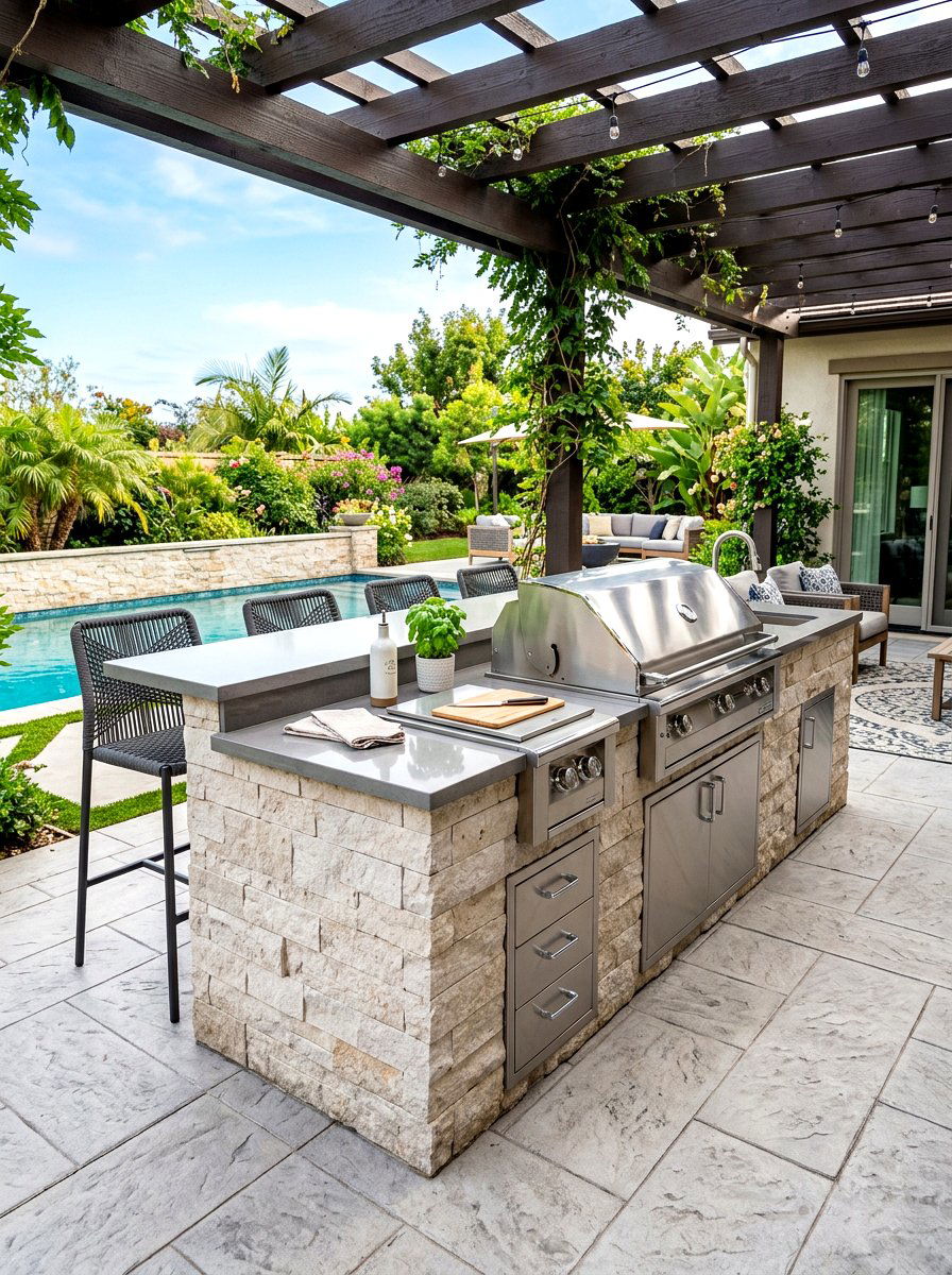 Neutral outdoor kitchen island - 30 neutral backyard styling ideas