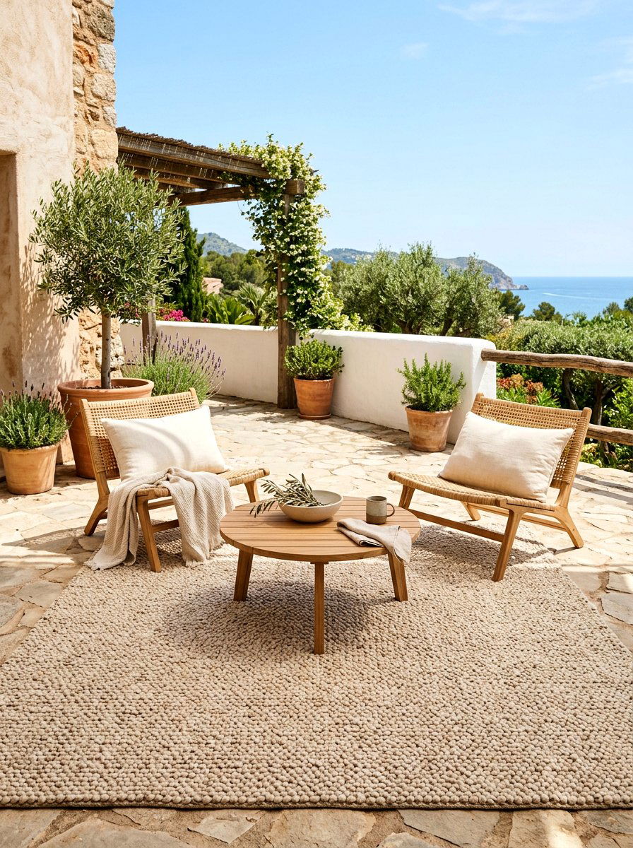 Neutral outdoor rug decor - 30 warm minimalist patio ideas