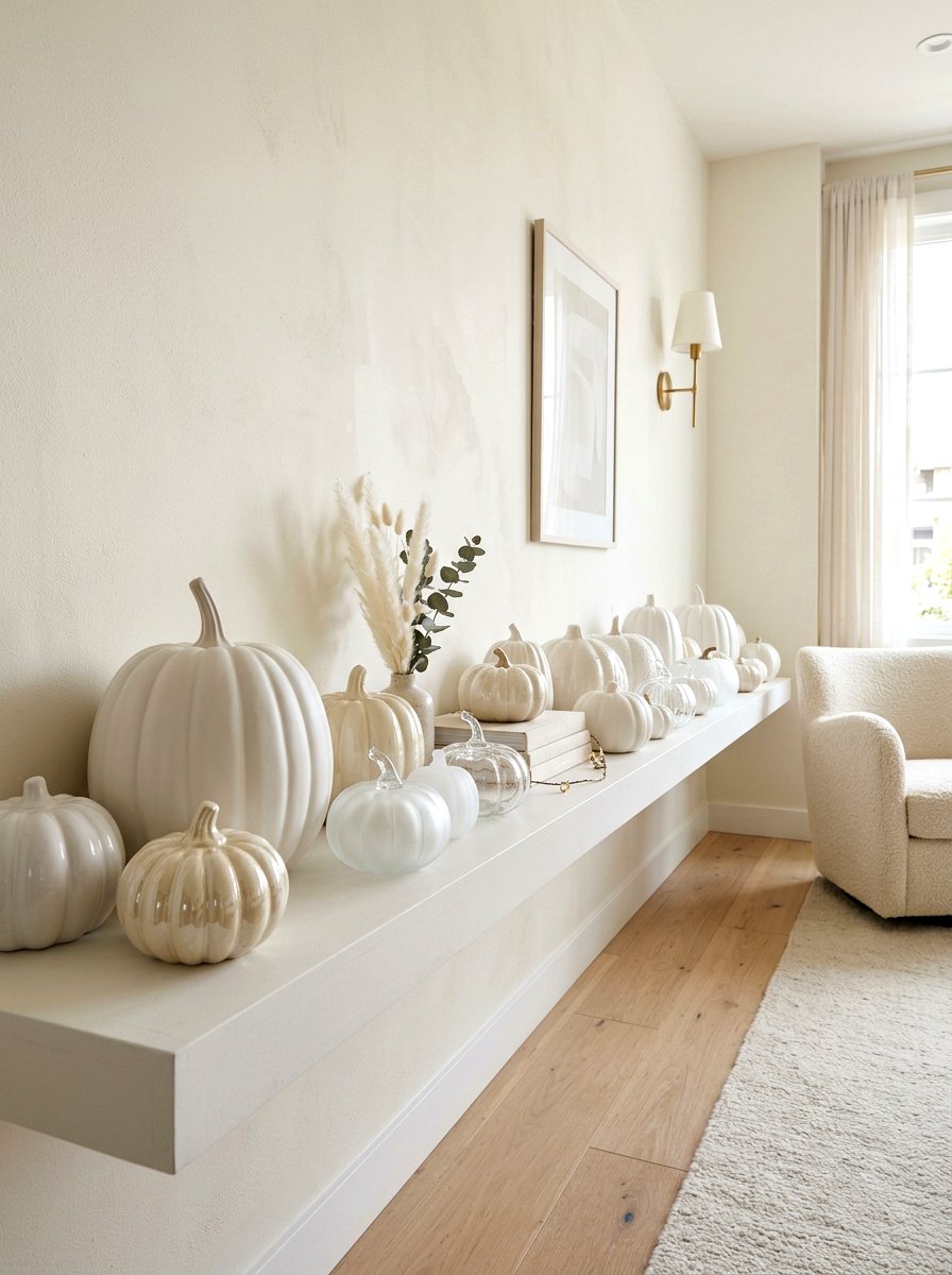 Neutral pumpkin shelf - 30 fall kitchen shelf decor ideas