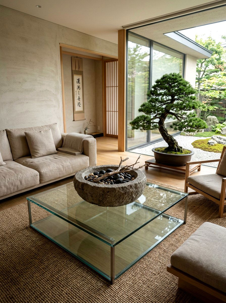 Neutral stone bowl - 30 glass coffee table styling ideas