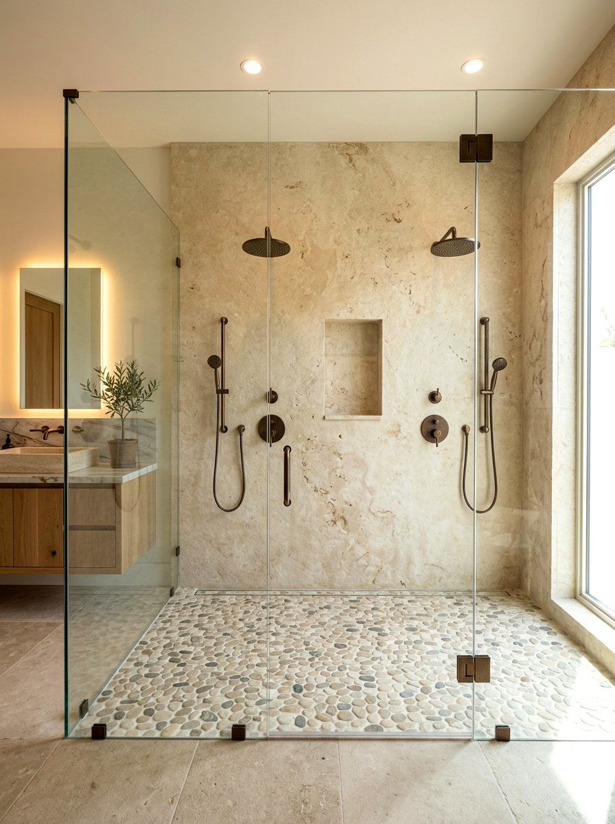 Neutral stone double shower - 30 double shower bathroom ideas