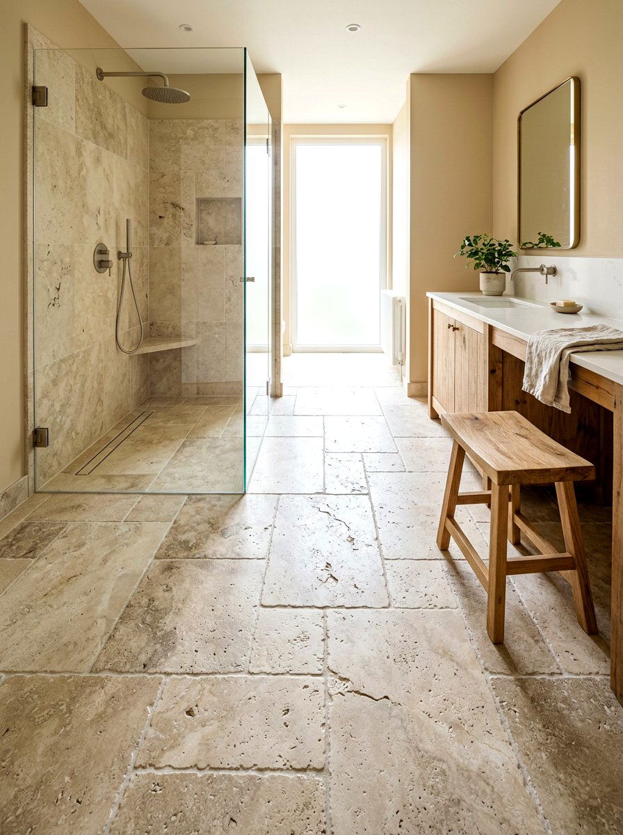 Neutral stone tile floor - 30 coastal grandmother bathroom ideas