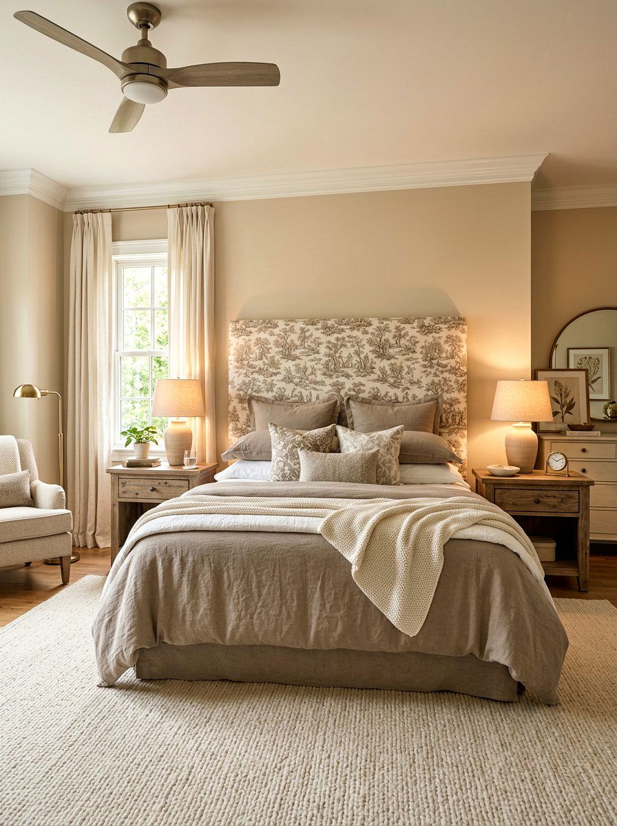 Neutral toile upholstered headboard - 30 toile bedroom ideas