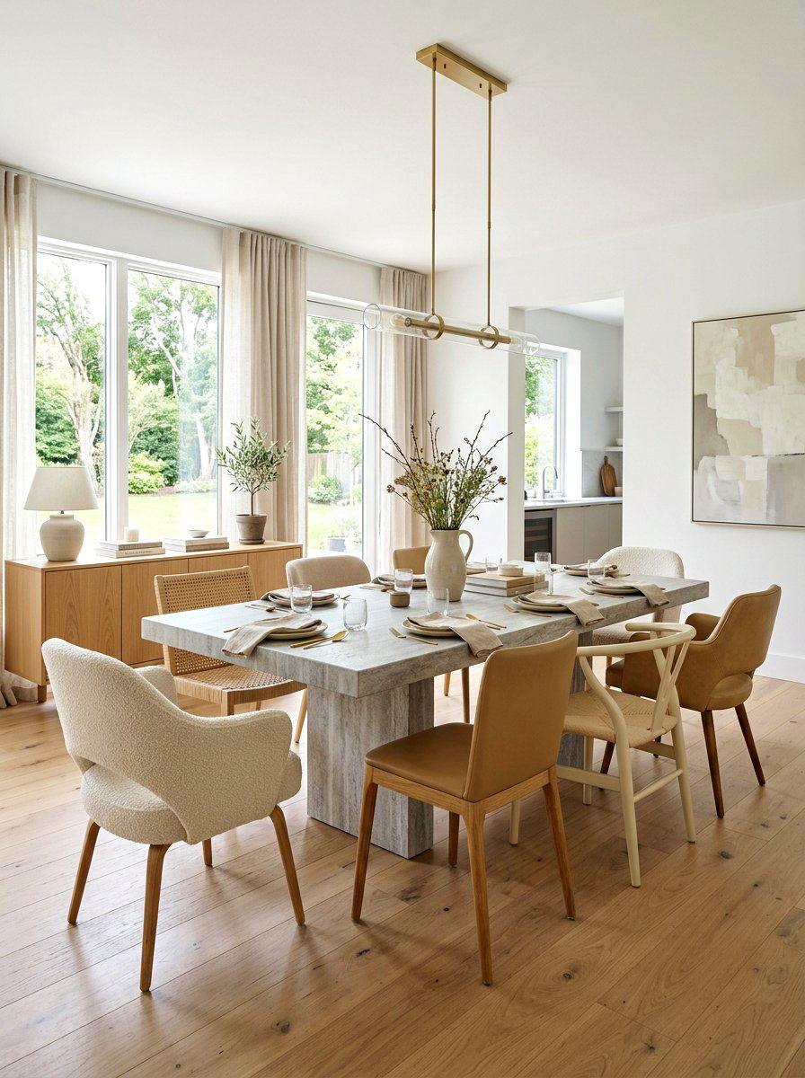 Neutral tone chair mix - 30 mismatched dining chair ideas
