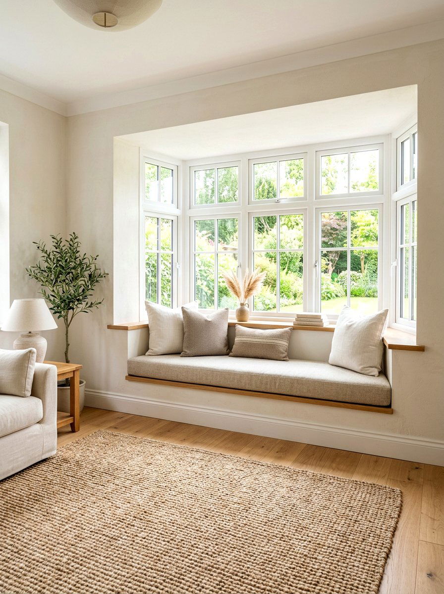 Neutral tone window seating - 30 bay window seating living room ideas