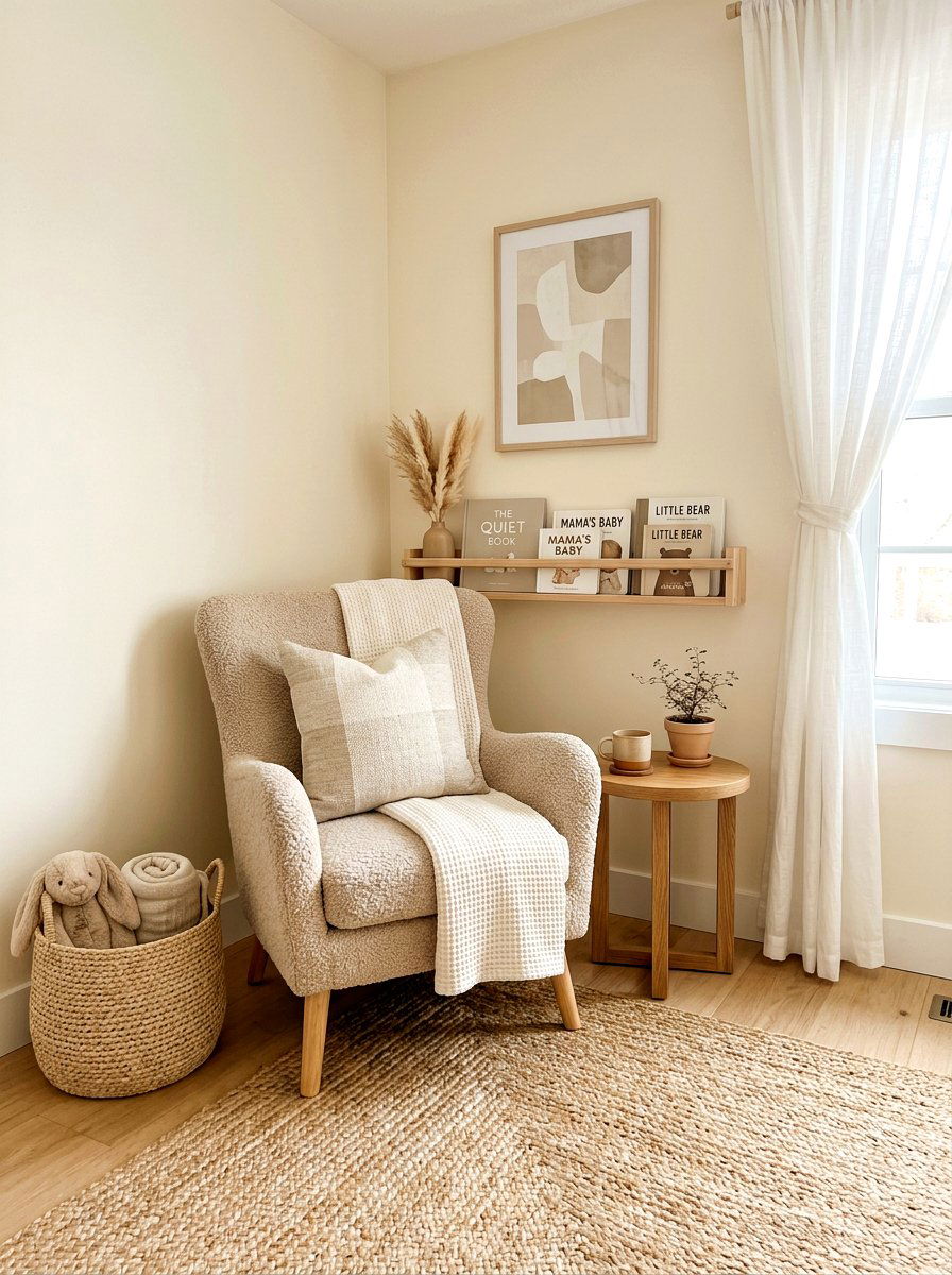 Neutral tones nursery nook - 30 nursery reading corner ideas aesthetic