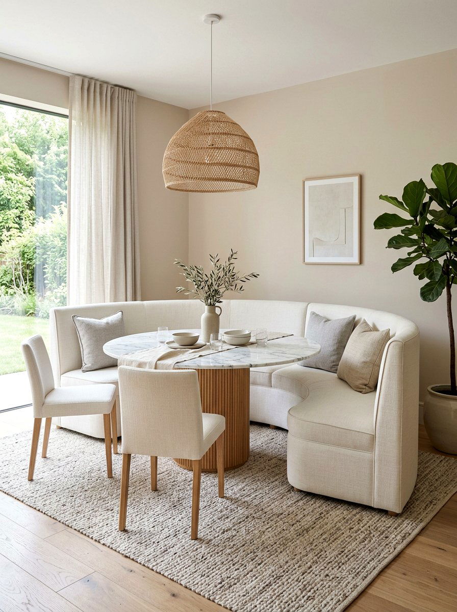 Neutral upholstery dining area - 30 curved banquette dining ideas