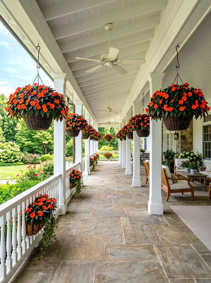 New Guinea Impatiens - 30 porch floral basket ideas