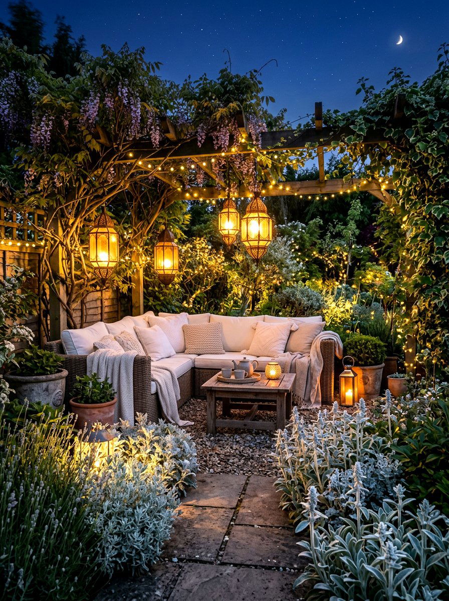 Night Garden Lantern Seating - 30 tea garden corner ideas