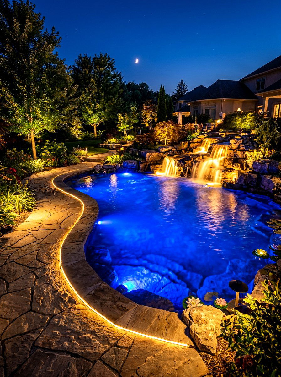 Night Lighting Pond - 30 koi pond ideas