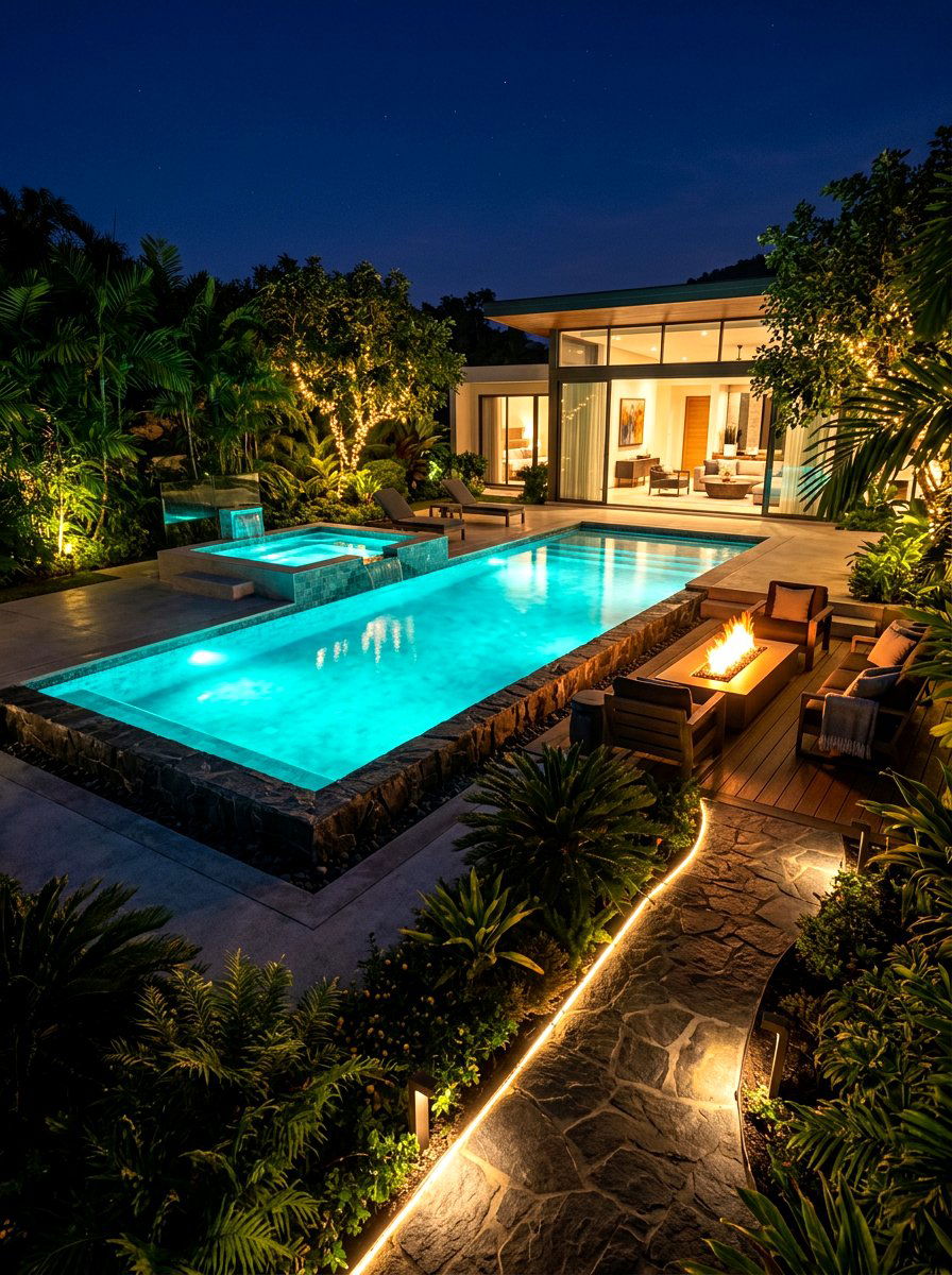 Night Lighting Spa Pool - 30 spa pool backyard ideas