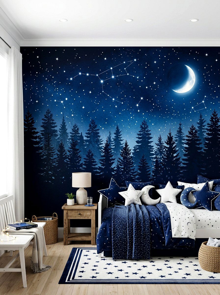 Night Sky Forest Mural - 30 woodland wall mural nursery ideas