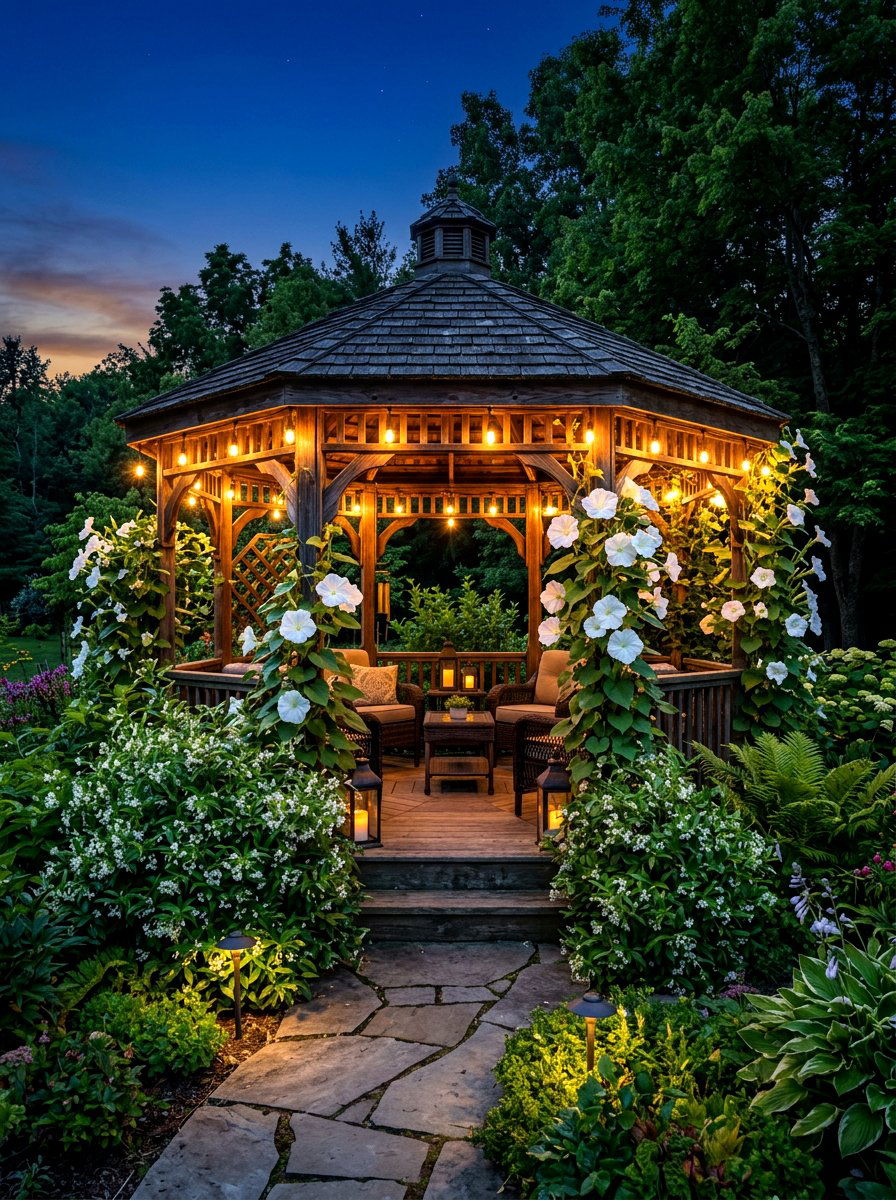 Night blooming gazebo garden - 30 gazebo flower garden ideas