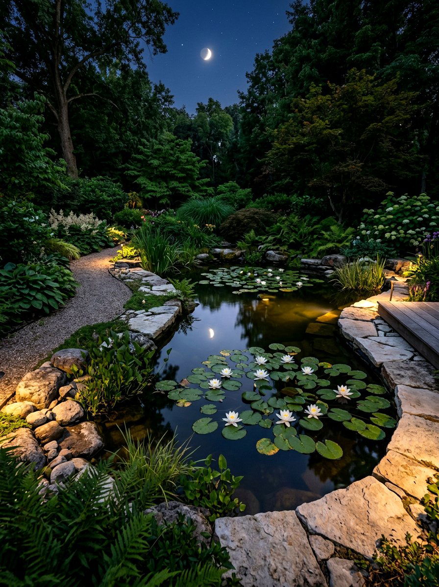 Night garden pond - 30 pond landscaping ideas
