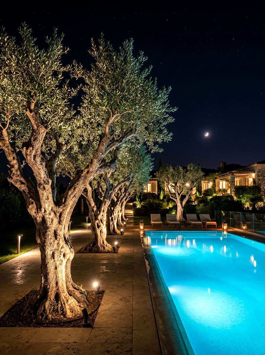 Night lighting for poolside olive trees - 30 poolside olive trees ideas