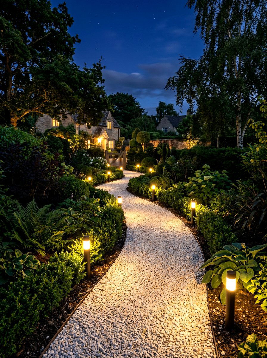 Night lighting gravel path - 30 gravel path backyard ideas