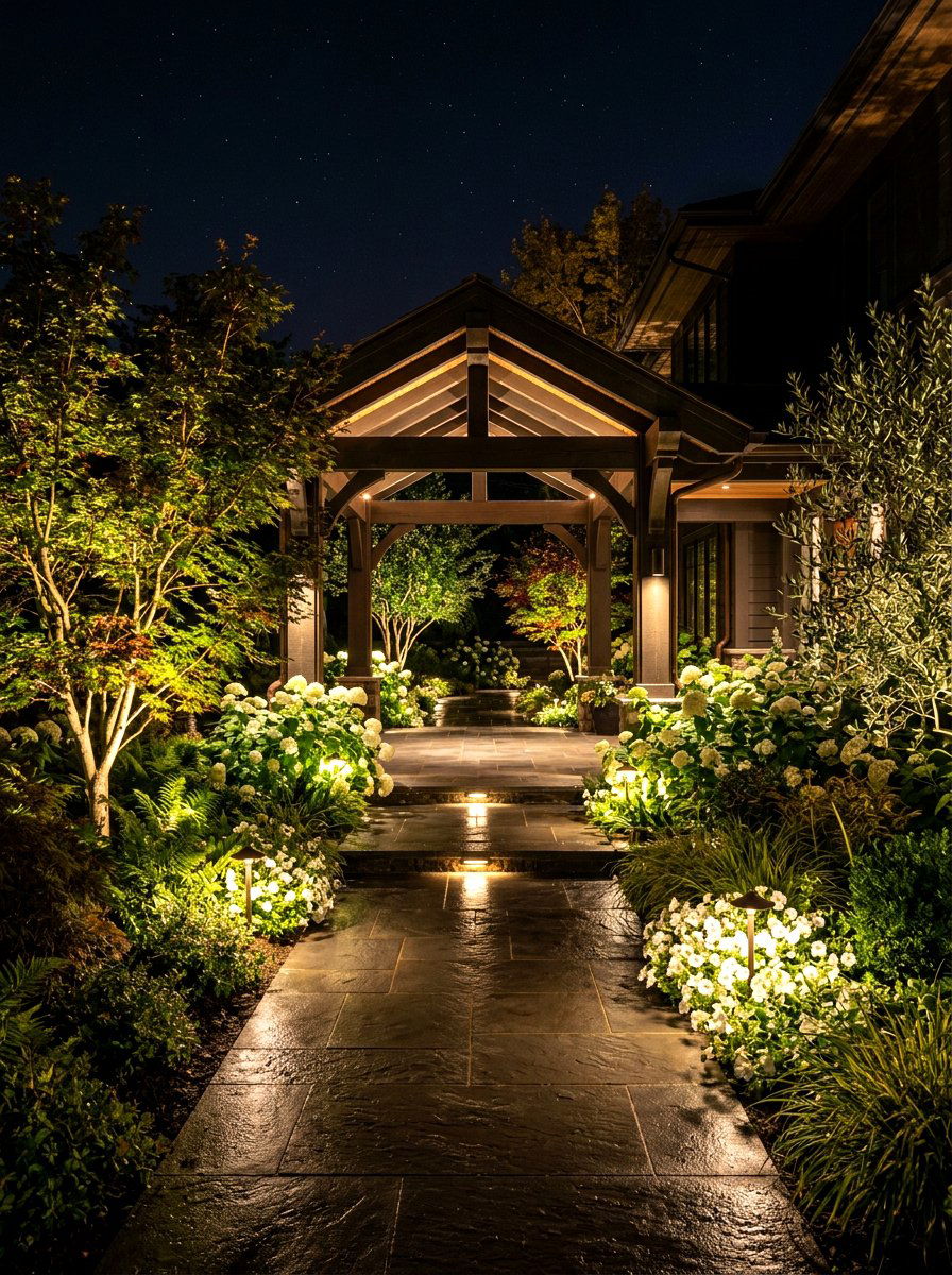 Night lighting landscape - 30 breezeway garden ideas