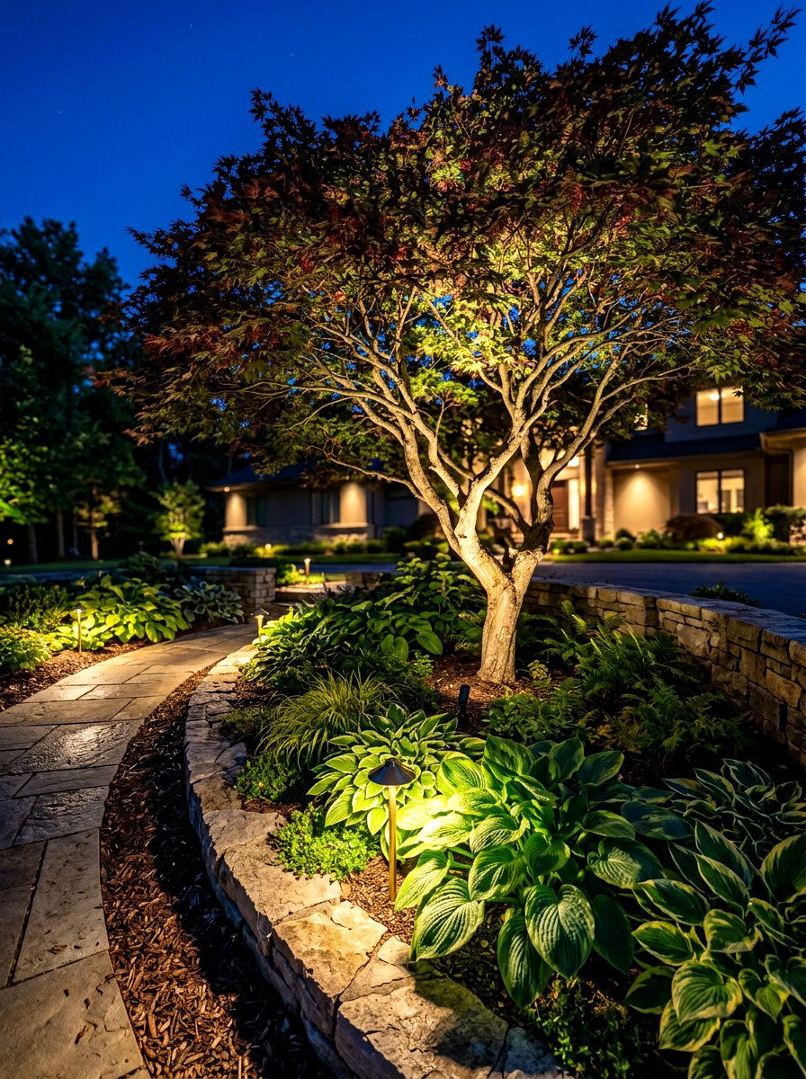 Night lit architectural tree bed - 30 flower bed around tree ideas