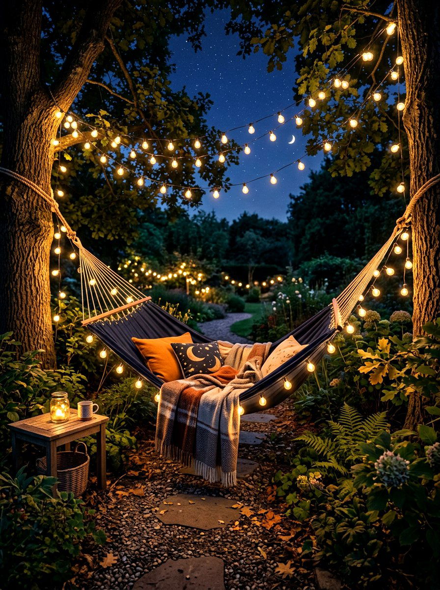 Nighttime illuminated hammock corner - 30 hammock garden corner ideas