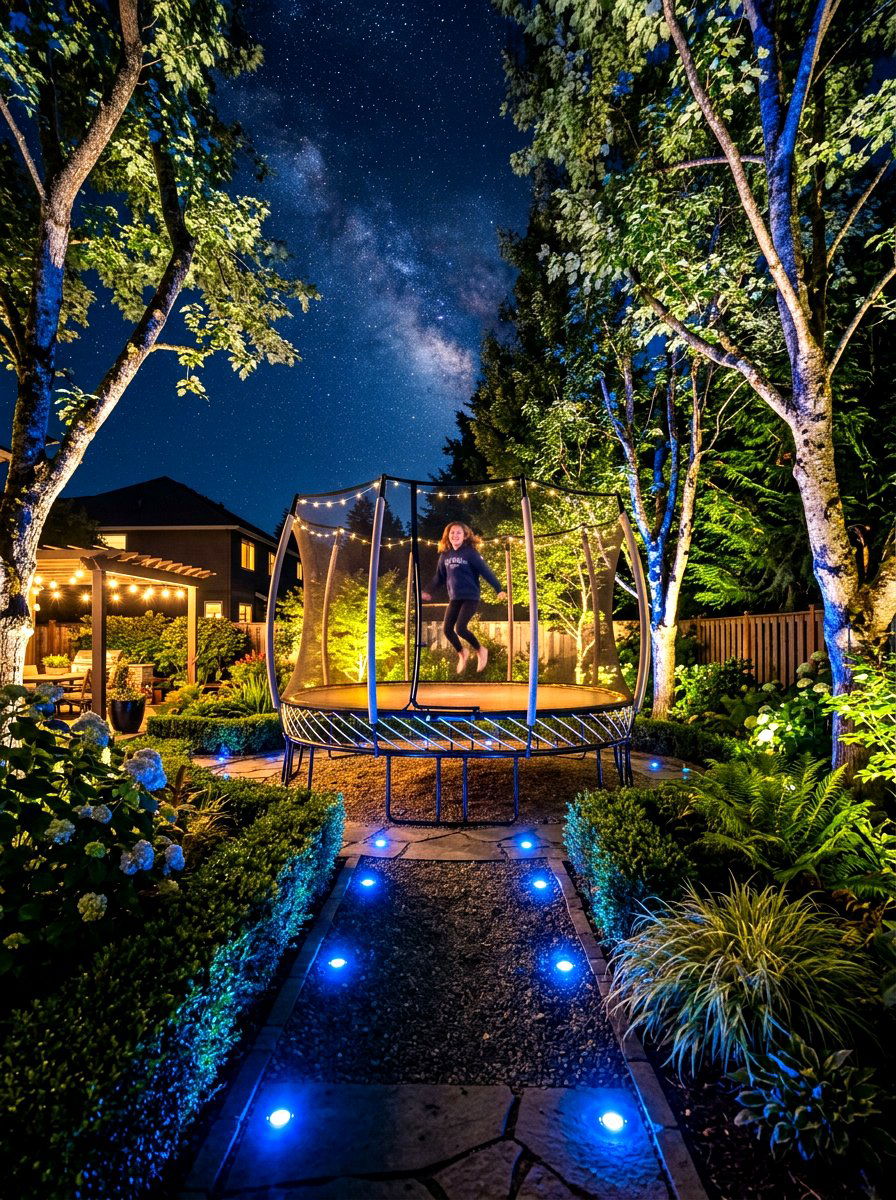 Nighttime trampoline garden - 30 trampoline landscaping ideas