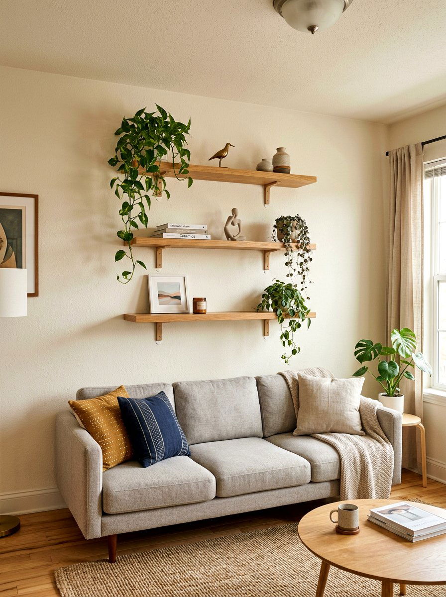 No Drill Floating Shelves - 30 renter friendly living room ideas