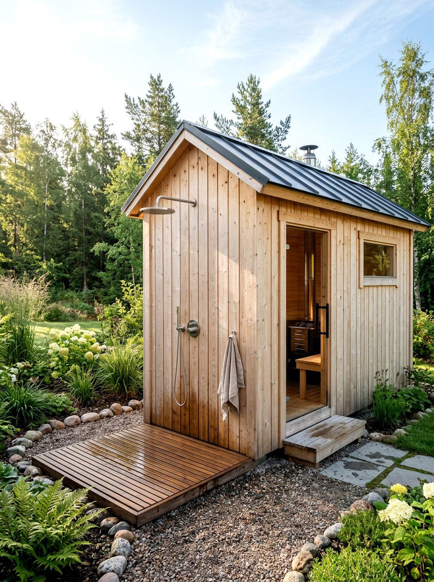 Nordic Spruce Sauna Outdoor Shower - 30 sauna patio retreat ideas