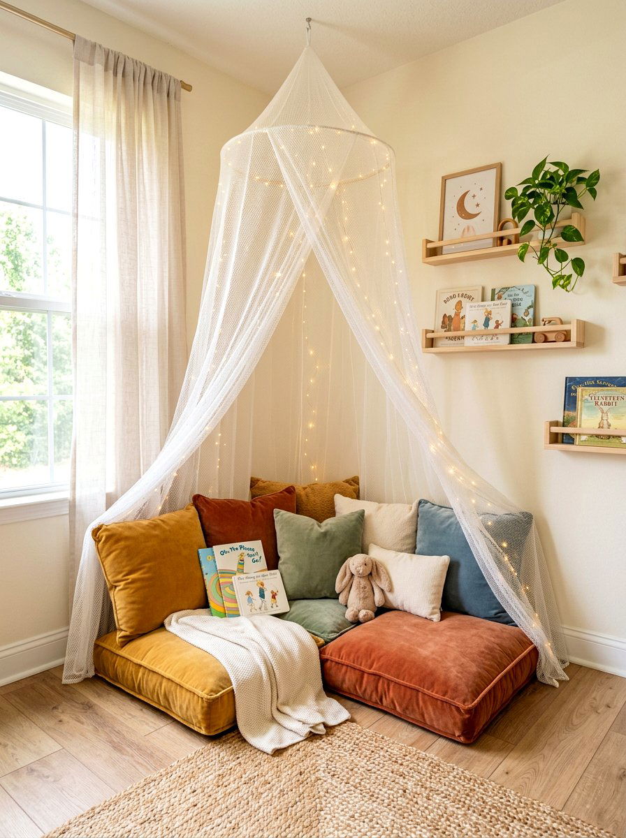 Nursery canopy reading corner - 30 nursery reading corner ideas aesthetic