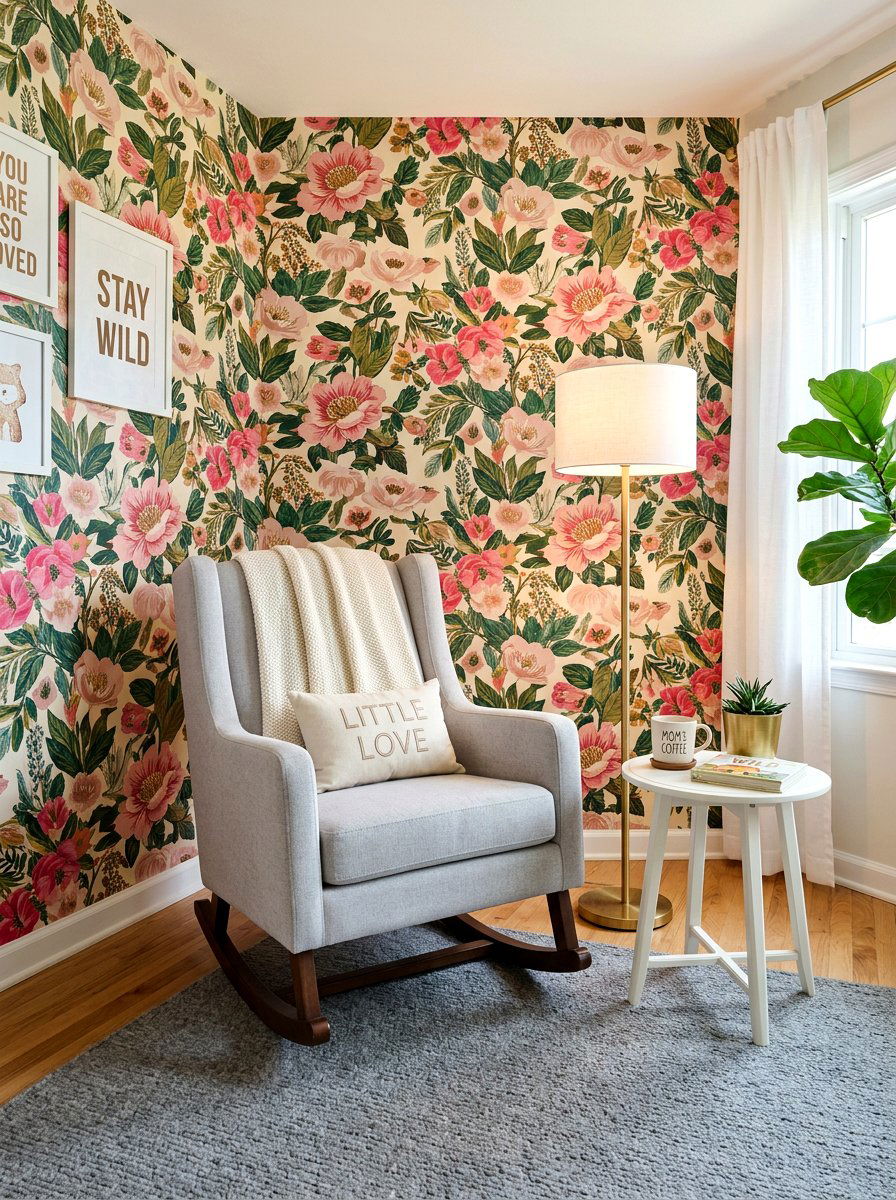 Nursery rocker corner with wallpaper - 30 nursery rocking chair corner ideas